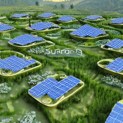 Image similar to surrealistic eco - village solarpunk style