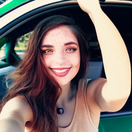 Prompt: beautiful selfie of a cute young woman with vivid emerald green eyes, sitting in her car, long bronze brown hair, flushed face, red blush, light freckles, big puffy lips, smiling softly, soft features, 8 k, sharp focus, instagram, portra 4 0 0