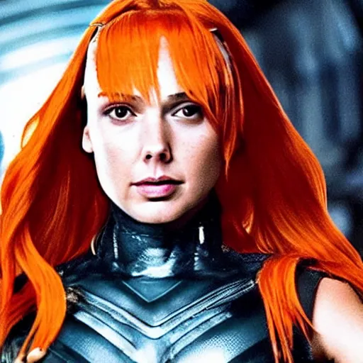 Prompt: Gal Gadot starring in the fifth element as Leeloo, orange hair, wide shot movie art