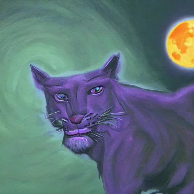 Image similar to closeup of a purple panther roaring at the moon in the forest. night. large moon in the center. cinematic. oil painting. concept art