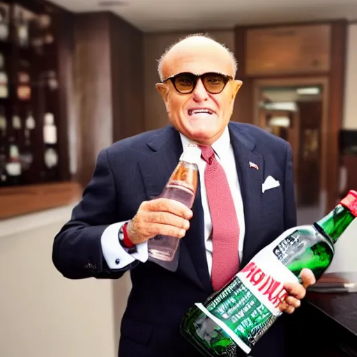 Image similar to news still of a drunk rudy giuliani holding a bottle, 4 k, professional