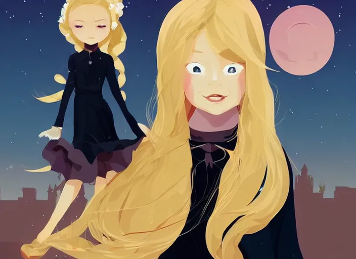 Image similar to little girl with long blonde hair dressed as a witch. clean cel shaded vector art. shutterstock. behance hd by lois van baarle, artgerm, helen huang, by makoto shinkai and ilya kuvshinov, rossdraws, illustration, art by ilya kuvshinov