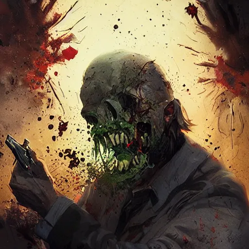 Image similar to a men shooting at a zombie the zombie head exploded because of the bullet by greg rutkowski