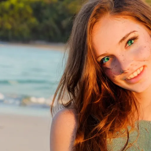 Image similar to Cute young woman, long shiny bronze brown hair, green eyes, cute freckles, soft smile, golden hour, beach setting, medium shot, mid-shot