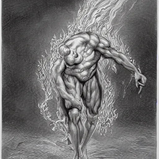 Prompt: full body grayscale drawing by Gustave Dore of horned muscled humanoid demon, engulfed in swirling flames