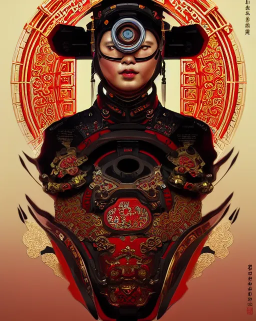 Image similar to portrait of a chinese cyberpunk machine, machine face, upper half portrait, decorated with chinese opera motifs, regal, asian, fine china, wuxia, traditional chinese art intricate intense elegant 京 剧 highly detailed digital painting artstation concept art smooth sharp focus illustration, art by artgerm and greg rutkowski alphonse mucha 8 k