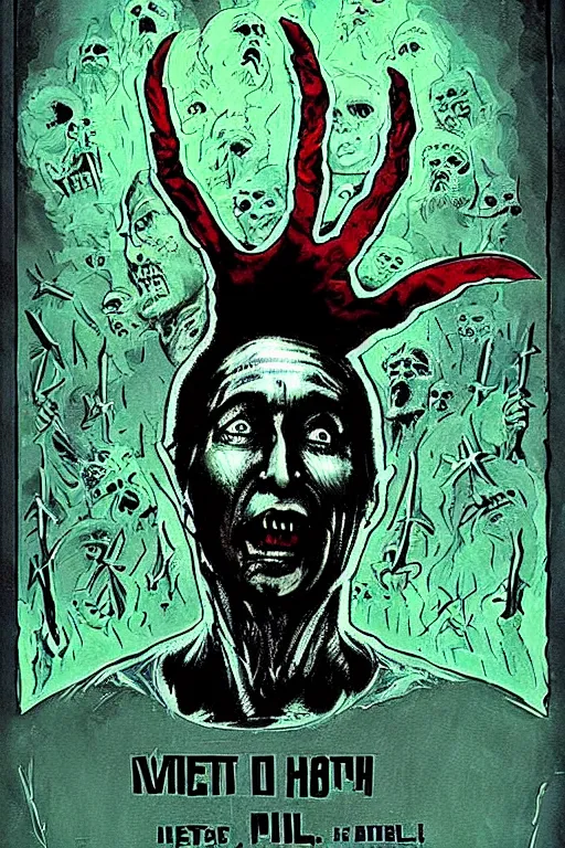 Image similar to putin went to hell, art in the style of a poster for horror films in a cinema, detailed art in color