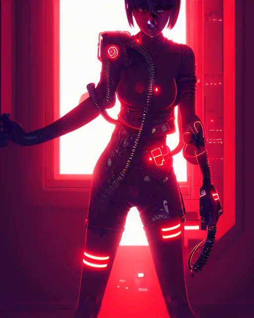 Image similar to a comic potrait of a cyberpunk cyborg girl with black and red parts, fine - face, realistic shaded perfect face, fine details. night setting. very anime style. realistic shaded lighting poster by ilya kuvshinov katsuhiro, unreal engine, global illumination, radiant light, detailed and intricate environment