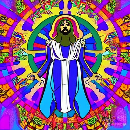 Image similar to a photograph of psychedelic Jesus in the 1960s, digital art in the style of Takashi Murakami