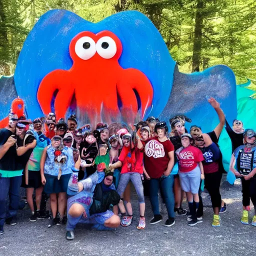 Prompt: A camp of 20 people and 1 Elmo known as Slacker Camp taking a group selfie in front of Cthulhu at POrtal Burn 2022 in Almond NY, with a stary sky and a crescent moon