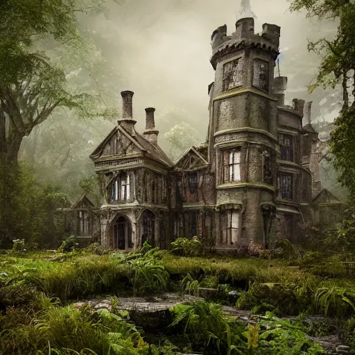 Prompt: overgrown victorian spiderwick abandoned castle, highly detailed, crystal lighting, mystical, ancient forest, hyperrealistic, 4 k, unreal engine, highly detailed, dramatic lighting, magical, beautiful,