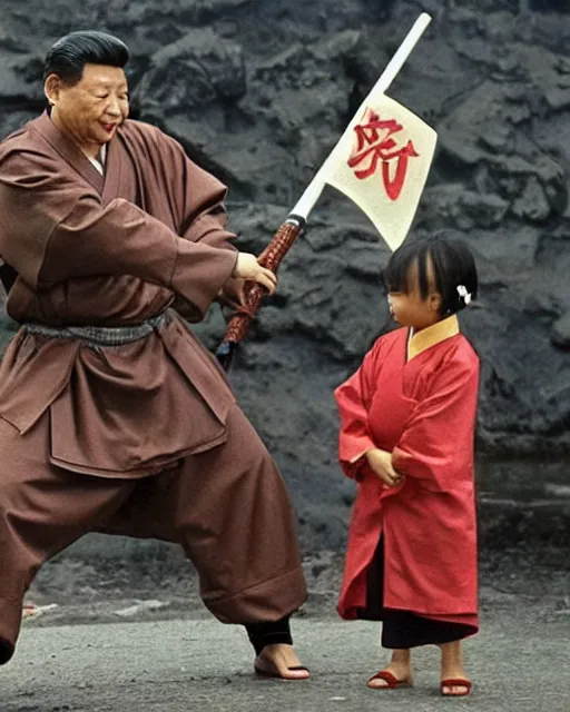 Image similar to Xi Jinping as Ronin Ogami Ittō in Lone Wolf and Cub and a Toddler sized Vladimir Puttin as Daigorō, Xi Jinping is Holding a Samurai Sword, photorealistic, Cinematic, Japanese