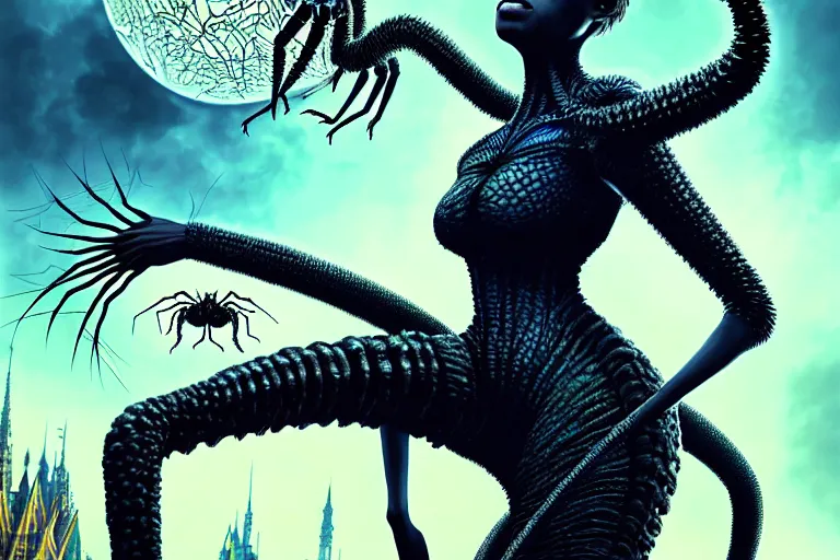 Image similar to realistic detailed closeup portrait movie shot of a beautiful black woman riding a giant spider, dystopian city landscape background by denis villeneuve, amano, yves tanguy, alphonse mucha, max ernst, ernst haeckel, edward robert hughes, roger dean, cyber necklace, rich moody colours, sci fi patterns, wide angle