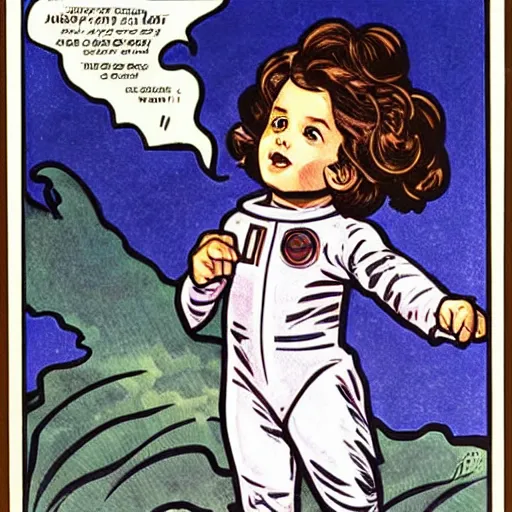 Image similar to a cute little girl with a mischievous face and short brown wavy curly hair. she is dressed as an astronaut. well composed, clean elegant painting, beautiful detailed face. comic book art by steve ditko and jack kirby and ( alphonse mucha )