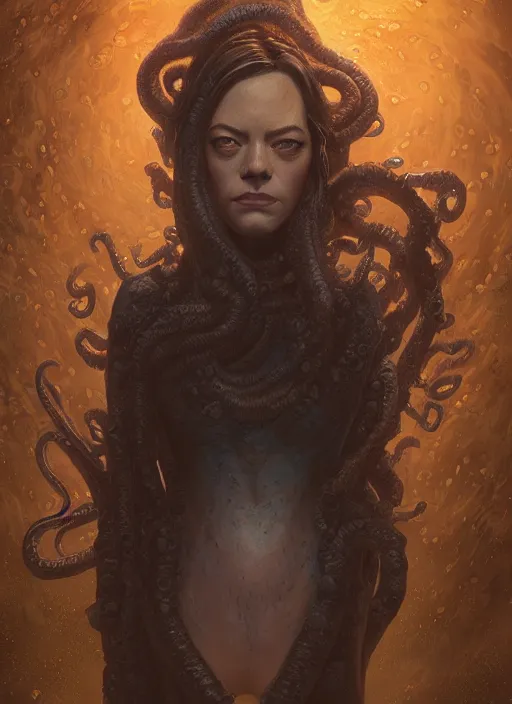 Image similar to lovecraft lovecraftian portrait of emma stone, cthulhu, hyper detailed, digital art, trending in artstation, cinematic lighting, studio quality, smooth render, unreal engine 5 rendered, octane rendered, art style by klimt and nixeu and ian sprigger and wlop and krenz cushart.