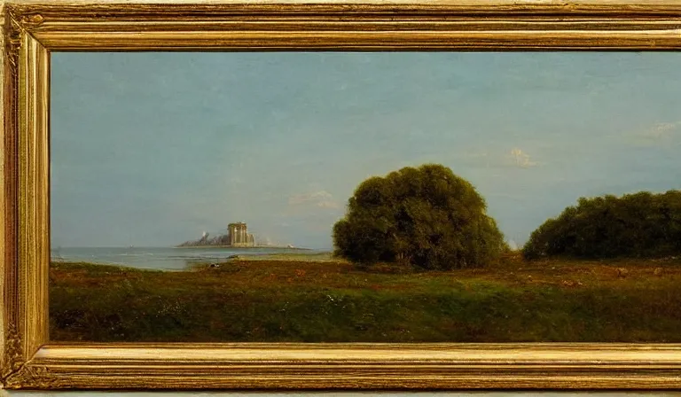 Image similar to A serene landscape with a singular building in the style of Frederic Edwin Church.