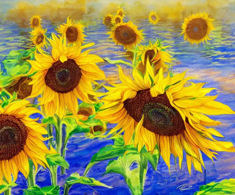 Prompt: sunflowers, william henrits, hovik zohraybyan, water painting, bright colors, sunlight, happy, peaceful, serene, joy