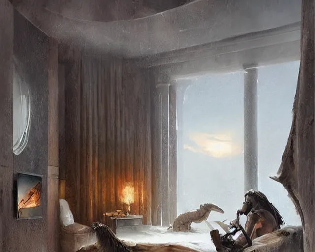 Prompt: a luxury hotel! suite room in the style of prehistoric! iceage, art by greg rutkowski and artgerma, stunning! concept art, interior! design