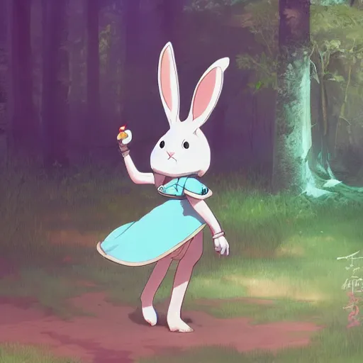 Image similar to concept art painting of an anthropomorphic white rabbit wearing a turquoise dress, in the deep forest, realistic, detailed, cel shaded, in the style of makoto shinkai and greg rutkowski and james gurney