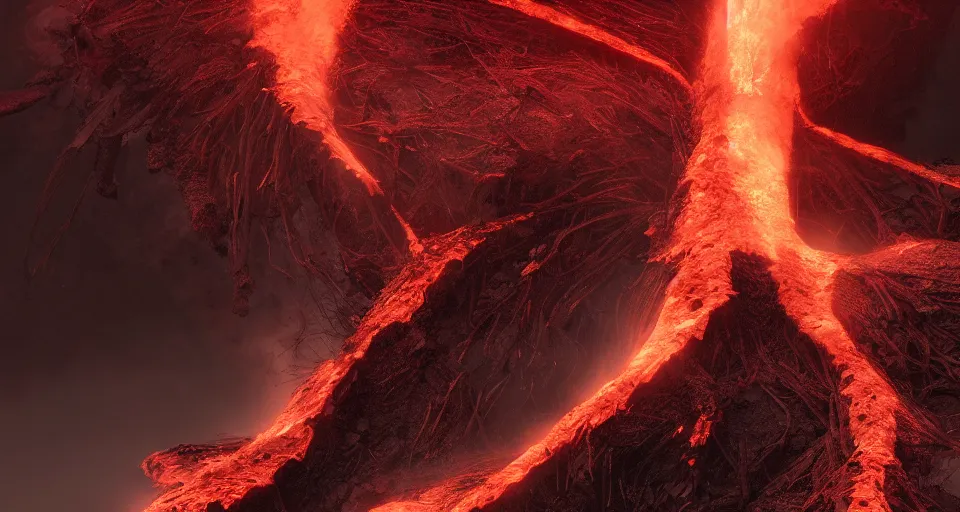 Image similar to a volcano made of ivory vines and crimson rocks enters in eruption, it spits a smoke in the shape of demonic eye, by CGSociety
