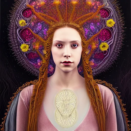 Image similar to portrait of a young female wizard in flowing sensual dress, arrogant, long fine flowing hair, delicate, looking at camera, slight nerdy awkward smile, realistic face, realistic hands, stylish, elegant, grimdark fantasy, flowers, mysterious, extremely detailed painting inspired by Gerald Brom and Ernst Haeckel and Victor Nizovtsev, studio lighting