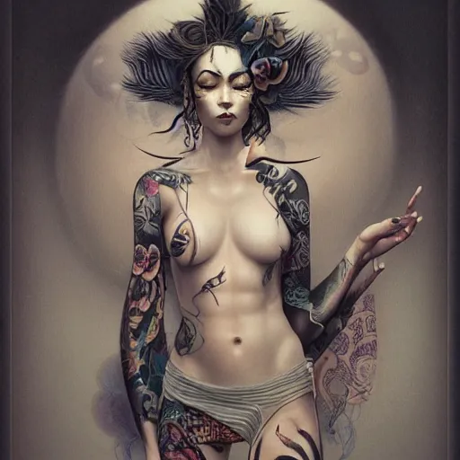 Prompt: ultra realistic, beautiful mixed woman with tattoos, wearing a kimono, japanese inspired, in the style of peter mohrbacher by weta digital and beth cavener, intricate, masterpiece, award winning, intricate