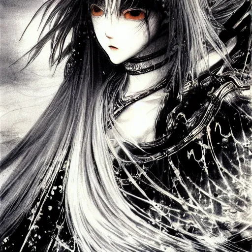 Image similar to Yoshitaka Amano blurred and dreamy illustration of an anime girl with wavy white hair and cracks on her face wearing Elden ring armour with the cape fluttering in the wind, abstract black and white patterns on the background, noisy film grain effect, highly detailed, Renaissance oil painting, weird portrait angle