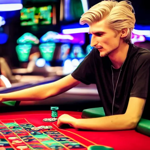 Image similar to closeup of handsome gigachad XQC gambling