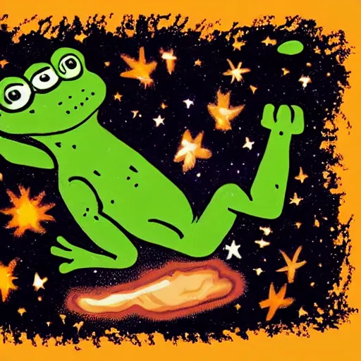 Image similar to cave painting of pepe the frog with star and galaxies