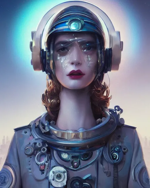 Prompt: a beautiful intricate exquisite imaginative exciting fashionable futuristic close up portrait of a young female astro engineer with stern looks, mechanical uniform, neon lights on hood and jacket by ruan jia, tom bagshaw, peter mohrbacher, brian froud, futuristic organic city in the background, epic sky, vray render, artstation, deviantart, pinterest, 5 0 0 px models