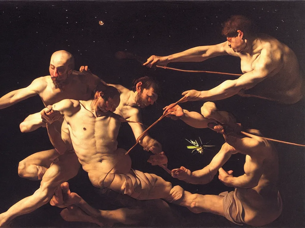 Image similar to Man fighting a phosphorescent moth under the stars, painting by Caravaggio