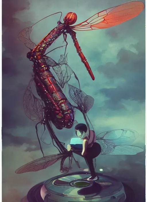 Image similar to surreal gouache painting, by yoshitaka amano, by ruan jia, by Conrad roset, by good smile company, detailed anime 3d render of a Giant glowing dragonfly sitting on a DJ mixer, portrait, cgsociety, artstation, rococo mechanical and electronic, dieselpunk atmosphere