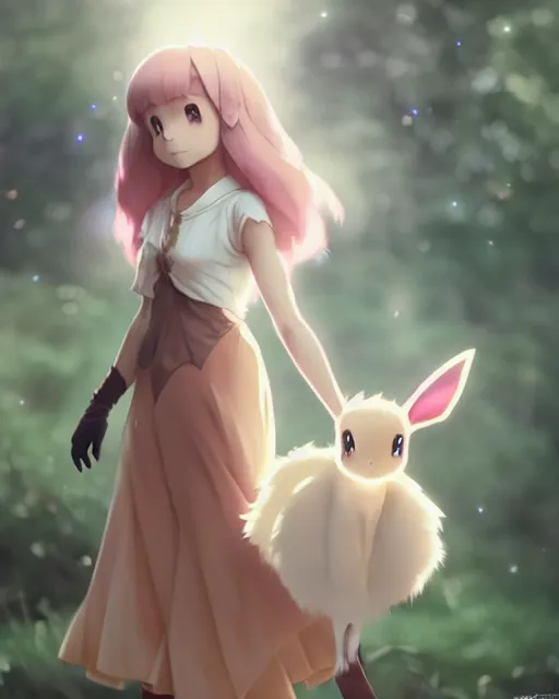 Image similar to photo of eevee pokemon humanisation, in lace brown dress, film still, dslr, by greg rutkowski, ross tran, artgerm, wlop glossy skin, pearlescent, very coherent, cute