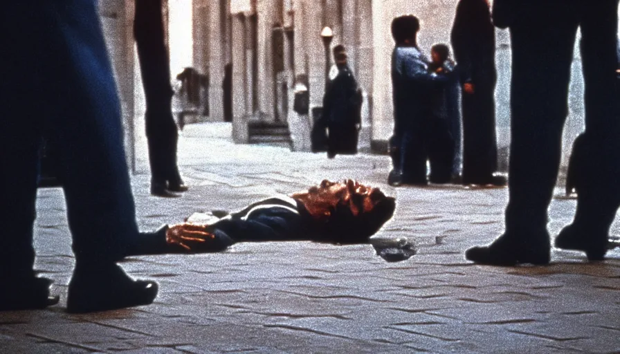 Prompt: 1 9 7 0 s movie still of the cutted head of robespierre on the pavement, cinestill 8 0 0 t 3 5 mm, high quality, heavy grain, high detail, cinematic composition, dramatic light, anamorphic, ultra wide lens, hyperrealistic