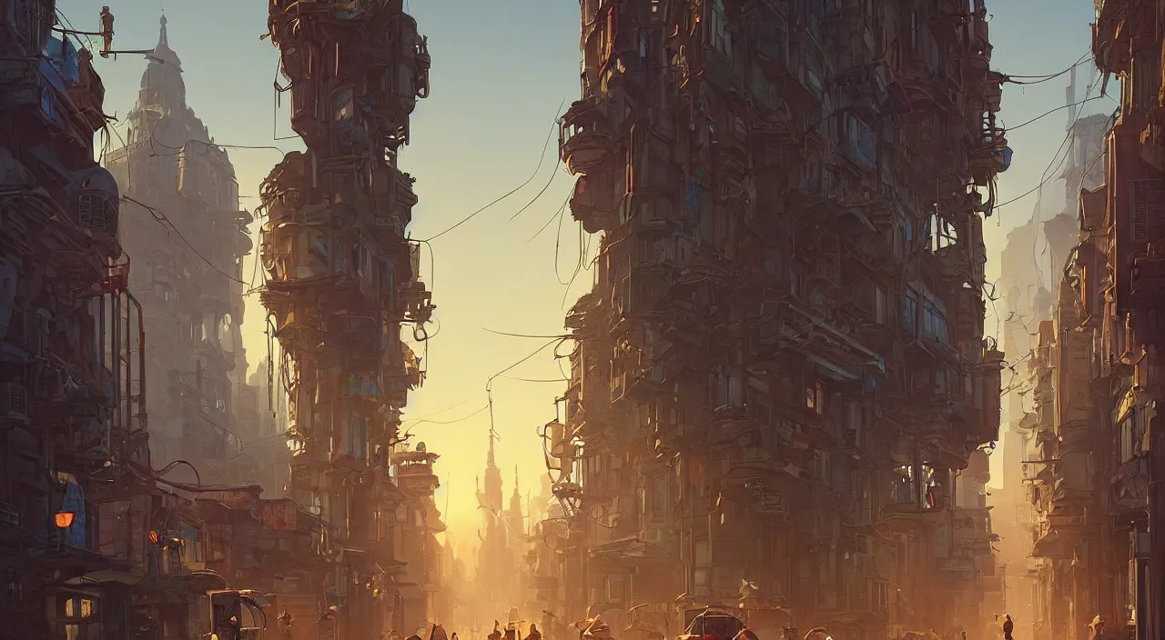 Image similar to an street level painting with high detail, ground level, sci - fi colorful victorian megacity at golden hour with sharp shadows by tyler edlin and sparth, 4 k, vray, art nouveau influences. roger deakins, cinematic cinematography.