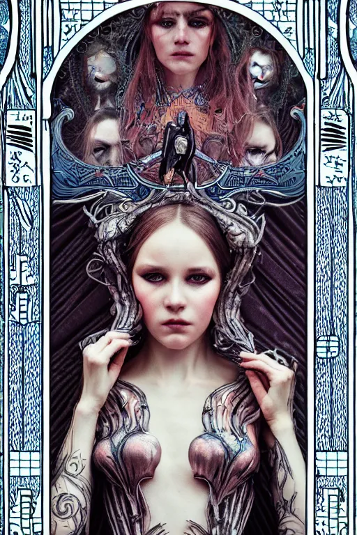 Prompt: Cinestill 50d, 8K, highly detailed, major arcana H.R Giger art nouveau nightmare Agnieszka Lorek tarot star card style 3/4 extreme closeup portrait, eye contact, focus on model, tilt shift background: famous major arcana tarot remake, transformation scene