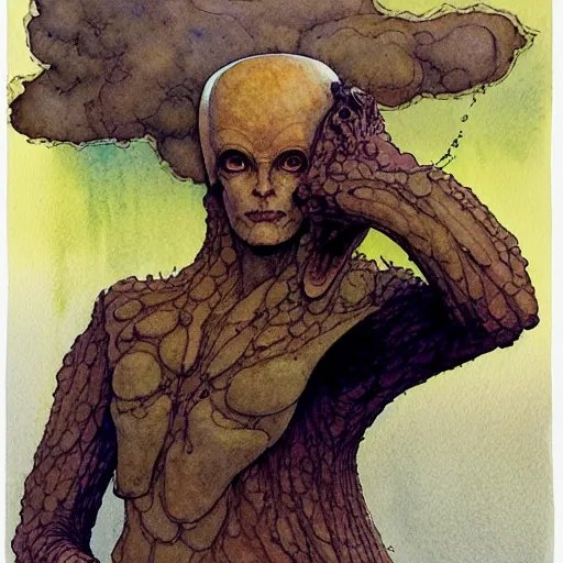 Image similar to a simple and atmospheric watercolour portrait of a pulp sci - fi alien god, very muted colors, by rebecca guay, michael kaluta, charles vess and jean moebius giraud