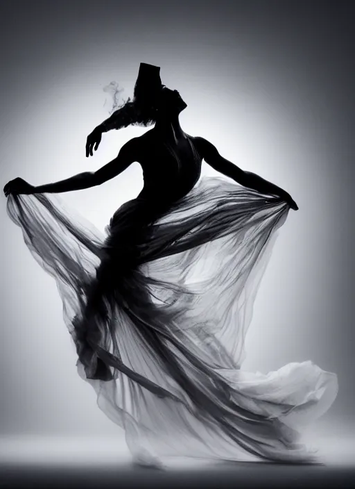 Image similar to a photorealistic dramatic hyperrealistic render of a glamorous beautiful female smoke dancer by ken brower and deborah ory of nyc dance project, lois greenfield, flowing cloth and smoke, beautiful dynamic dramatic dark moody lighting, volumetric, shadows, cinematic atmosphere, octane render, 8 k