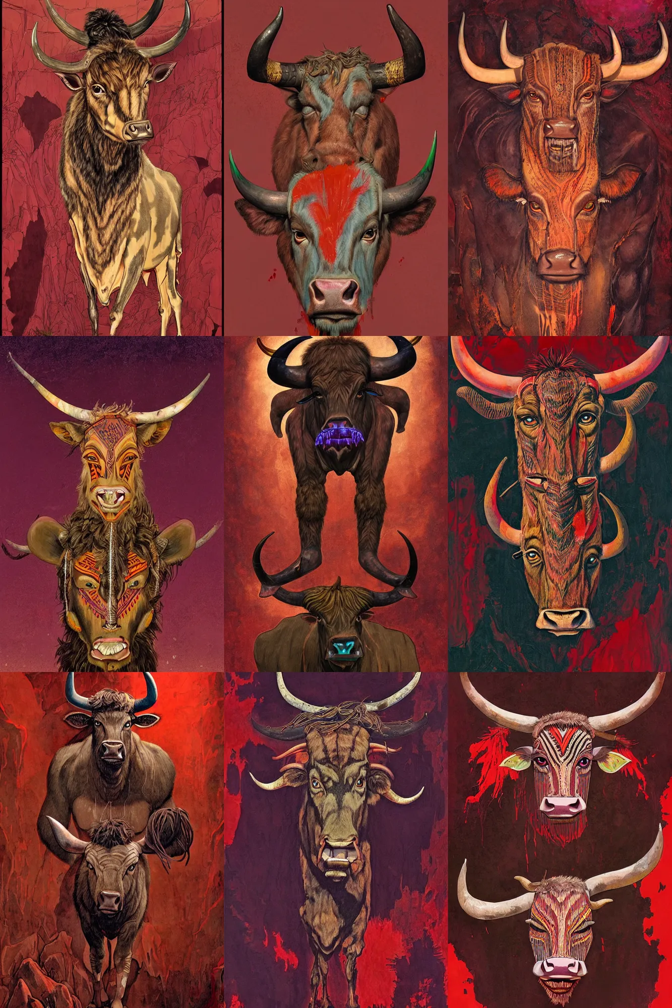 Prompt: a shaded painted full body illustration of a male minotaur with glowing tribal skin markings in a dark cave environment with a bovine head, painterly, detailed, art - deco, red and purple palette : : 0. 3 by conrad roset, nicola samuri, dino valls, m. w. kaluta, rule of thirds, beautiful