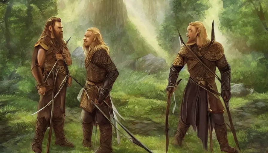 Prompt: gimli and legolas in lothlorien, being friends, artwork, artstation, beautiful setting