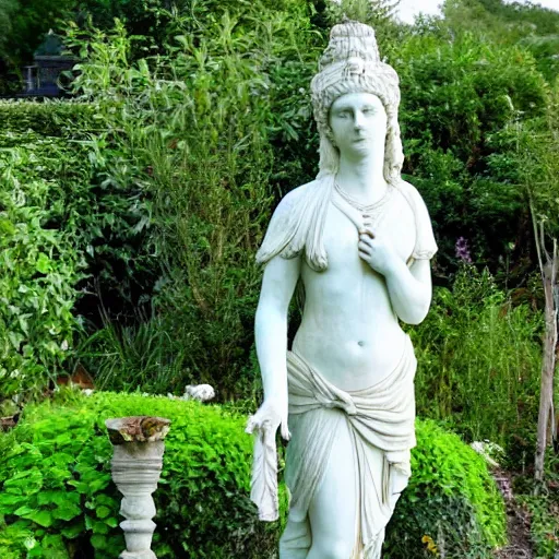 Prompt: The marble statue of the goddess as a middle-aged gardener standing in the overgrown herb garden.