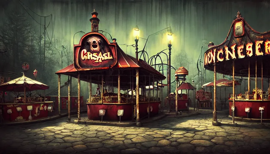 Image similar to michal karcz grunge painting of an amusement park, monster and horror theme. Horror-themed food booths and restaurants in the background. carrousel, monster theme, detailed, elegant, intricate, 4k,