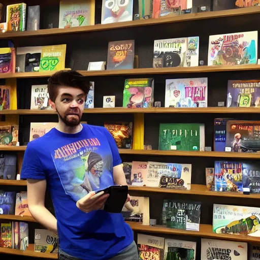 Image similar to jacksepticeye playing a video game in a bookstore