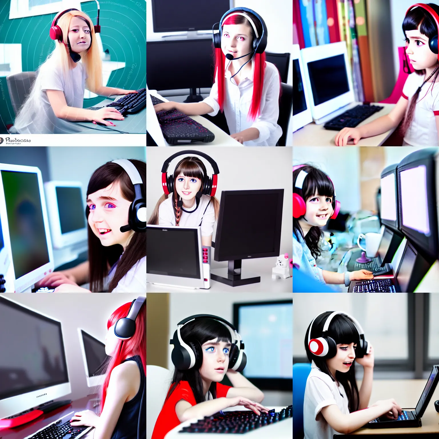 Prompt: white long haired red eyed young cute girl wearing headset playing computer game mika pikazo, anmi, hiten, rella style