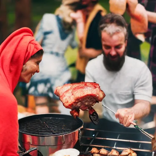 Image similar to a babushka grilling meat on a barbeque, people are dancing and having fun with beers in their hands