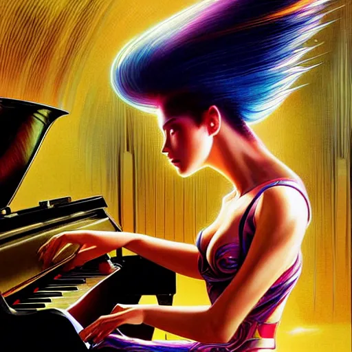 Prompt: a hyperrealistic cyborg playing the piano in a futuristic apartment, award winning art, 8k, highly detailed, sharp focus, cinematic lighting, UHD, in the style of Amano and Ayami Kojima and Karol Bak, art by Mark Brooks and Lisa Frank with vivid colors and crisp details smooth textures