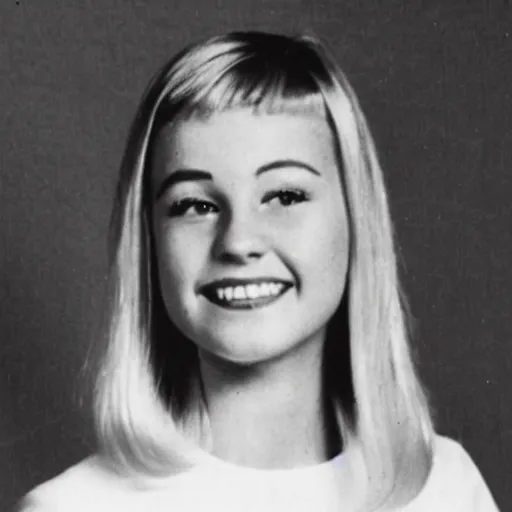 Image similar to a yearbook photo of Betty Cooper in 1966, she has a ponytail and bangs