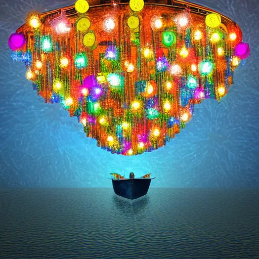 Image similar to a boat - themed chandelier with hundreds of colorful lights hanging from it, a figure lurks in the undergrowth looking at the lights from a distance, digital art