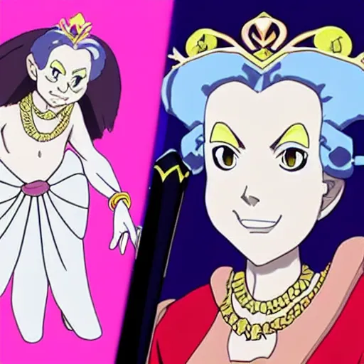 Prompt: queen elizabeth as a anime villain