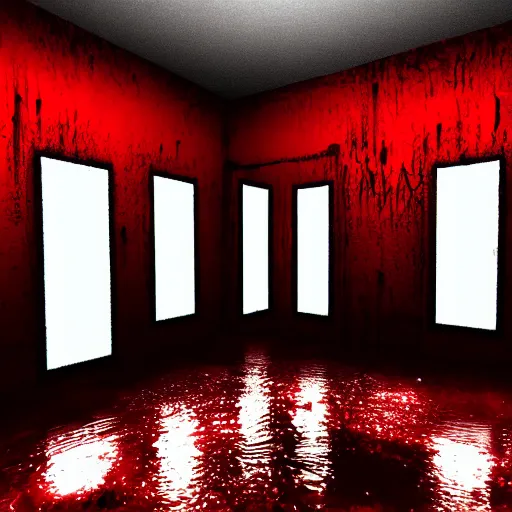 Image similar to one of the most scariest room there is one light on the ceiling and the floor is all blood the outside is night photo - realistic